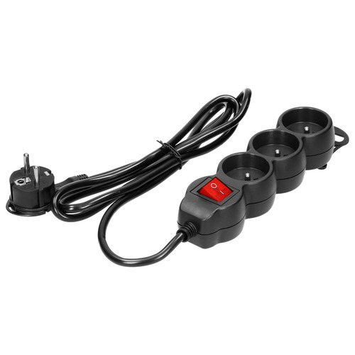 przedłużacz 3-krotny 2P+Z z wyłącznikiem, 1,5m H05VV-F 3x1,5mm2, Imax=16A, płaska wtyczka, czarny