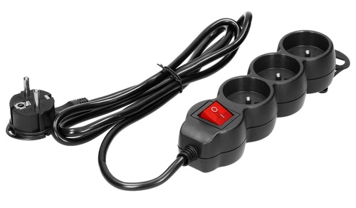 przedłużacz 3-krotny 2P+Z, z wyłącznikiem, 5m H05VV-F 3x1,5mm2, Imax=16A, płaska wtyczka, czarny