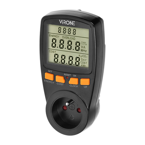 watomierz dwutaryfowy, kalkulator energii z wyświetlaczem LCD, 2 oddzielne taryfy, wewnętrzny akumulator, czarny
