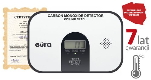 czujnik czadu "EURA" CD-45A2 v.2 - wolnostojący, DC 3V (2x LR6), LCD, termometr, 7 lat gwarancji